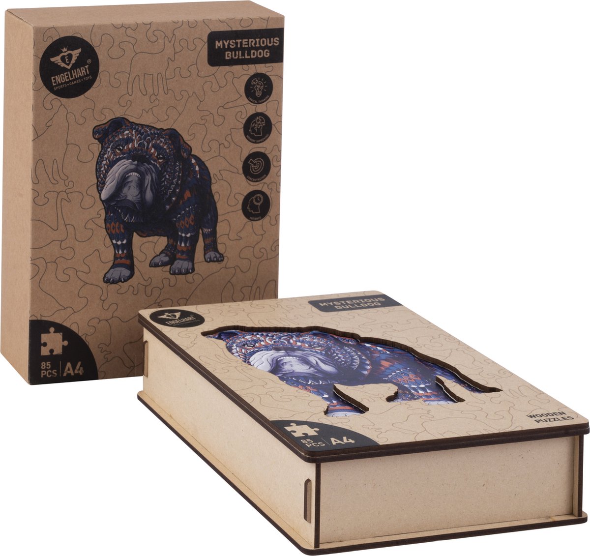Houten Puzzel Bulldog – 85 Unieke Puzzelstukjes – A4 Formaat Houten Legpuzzel – Dieren Puzzelspel – Compact Denkspel – Inclusief Opbergetui – Engelhart — afbeelding 13