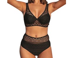 Hoge Taille Bikini met Gebreide Bovenlaag - Dames Strandkleding Zwart - Topkwaliteit - Doorschijnend Ontdek de perfecte combinatie van elegantie en stijl met deze hoge taille bikini met gebreide bovenlaag. Deze zwarte bikini biedt een trendy en verf