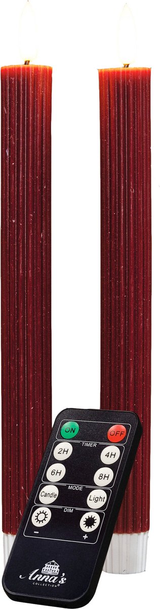 Anna's Collection LED dinerkaarsen - 2x st - bordeaux rood - ribbel - afstandsbediening
