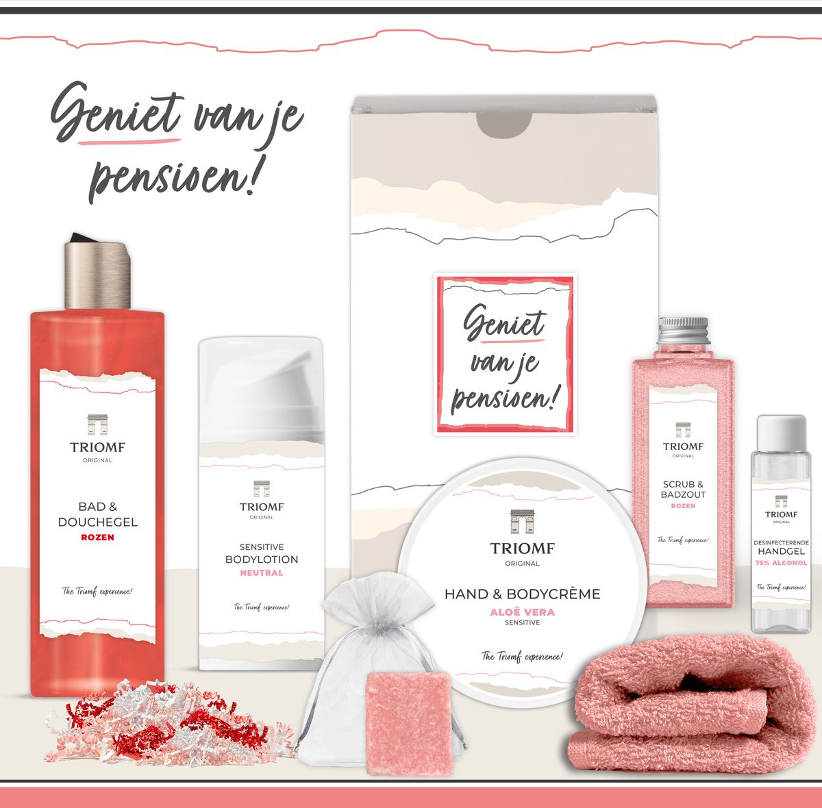 Goedkoopste Geschenkset “Geniet van je pensioen!” - 7 producten - 850 gram | Triomf Original - Giftset voor haar - Gestopt met werken - Cadeau Speciaal voor jou - Luxe wellness cadeaubox Vrouw - Cadeaupakket Collega - Geschenk Pakket - Gift Set Roze Koraal Rood