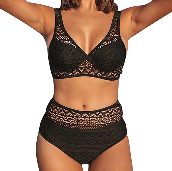 Hoge Taille Bikini met Gebreide Bovenlaag - Dames Strandkleding Zwart - Topkwaliteit - Doorschijnend
