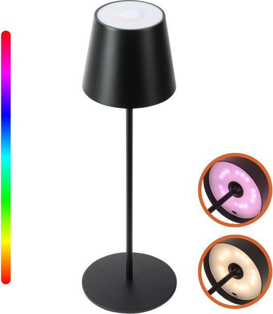 Lampe de table noire sans fil avec un abat-jour blanc et un anneau LED arc-en-ciel sur le dessus.