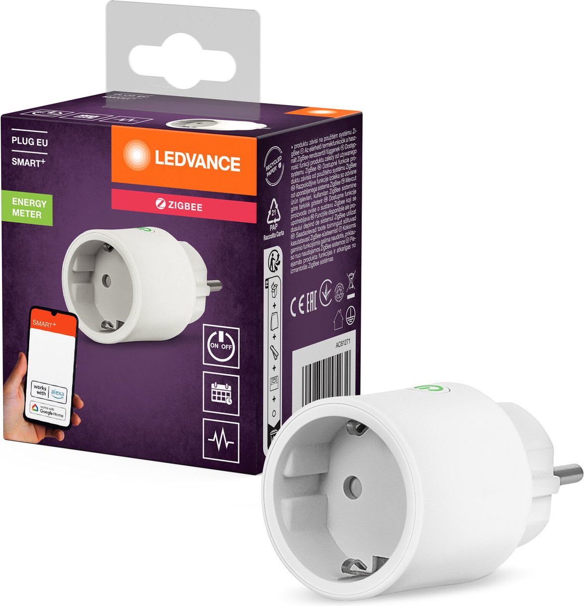 Ledvance SMART+ Smarte Steckdose für Innen mit ZigBee Technologie bindet konventionelle Geräte ins Smart Home ein misst und spart Stromverbrauch kompatibel mit Alexa oder Google weiss 1er-Pack