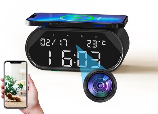 Foto: Lotahome digitale klok met verborgen camera wifi klok met bluetooth speaker spy camera bewakingscamera bewegingsdetectie geluidsopname en nachtfunctie klok met draadloze oplader full hd ios en android inclusief 64 gb geheugenkaart