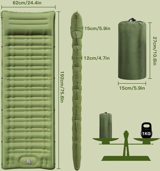 Ultralichte Zelfopblaasbare Campingmat met Ingebouwde Luchtpomp - 12 cm Dikte, Waterdicht en Draagbaar voor Buitenkamperen — afbeelding 5
