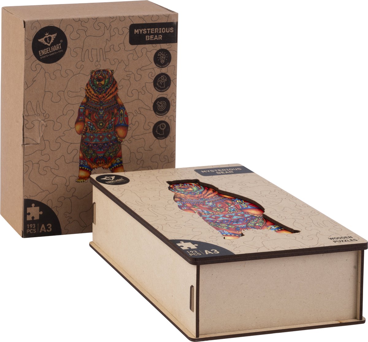 Houten Puzzel Beer – 193 Unieke Puzzelstukjes – A3 Formaat Grote Houten Legpuzzel – Dieren Puzzelspel – Uitdagend Denkspel – Inclusief Opbergetui – Engelhart — afbeelding 8