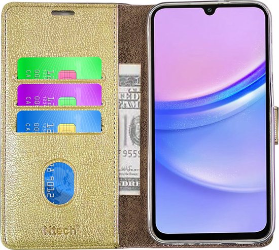 Hoesje geschikt voor Samsung Galaxy A05s bookcase Goud - Met screenprotector tempered glass Galaxy A05s - 2x