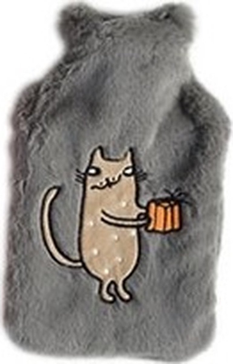 Goedkoopste Lichtgrijze kruik met bruine kat/poes 2 liter - Warmwaterkruik met pluche hoes/kruikenzak