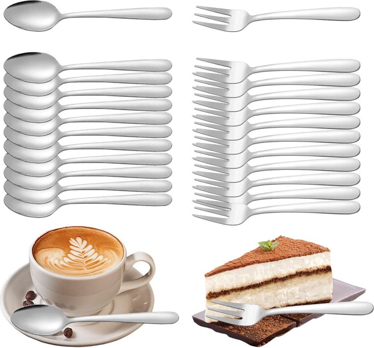 Koffielepels en taartvorken set 24 stuks lepels en vork roestvrij staal set 12 kleine lepels 14 cm en 12 kleine vorken 14 cm set espressolepels en vork voor restaurant keuken