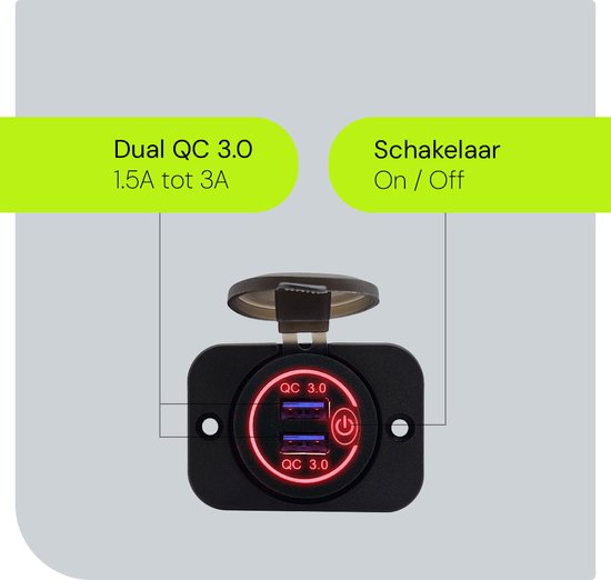 Prise murale USB ProRide® 12 V 2 Portes encastrée avec interrupteur - QC3. 0 - PUSB1QC-R - Chargeur USB Voiture, Bateau et Camper - Ensemble complet - Rouge