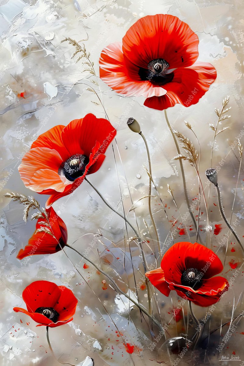 John Joseb Art (Aluminium) 120x80 | Klaprozen, bloemen, rood, grijs, bruin, sepia, geschilderde stijl, kunst | bloem, klaproos, modern | foto-schilderij op dibond, metaal wanddecoratie