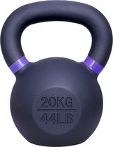 Zwarte 20kg/44lb kettlebell met paarse banden op de hals.