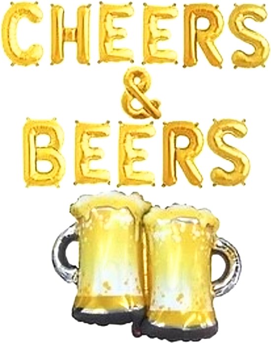 Gouden folieballonnen in de vorm van 'CHEERS & BEERS' en twee bierpullen met schuim.