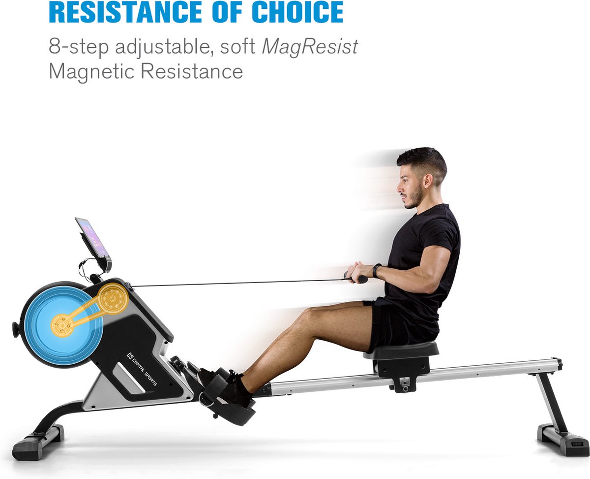 Afbeelding 2 van CAPITAL SPORTS Stream M1 magnetische roeitrainer roeimachine rowing machine - 8 Standen magneetweerstand - 105 cm lange aluminium rails - Tablethouder - Trainingscomputer met LCD-display - Aluminium - Zilver/zwart