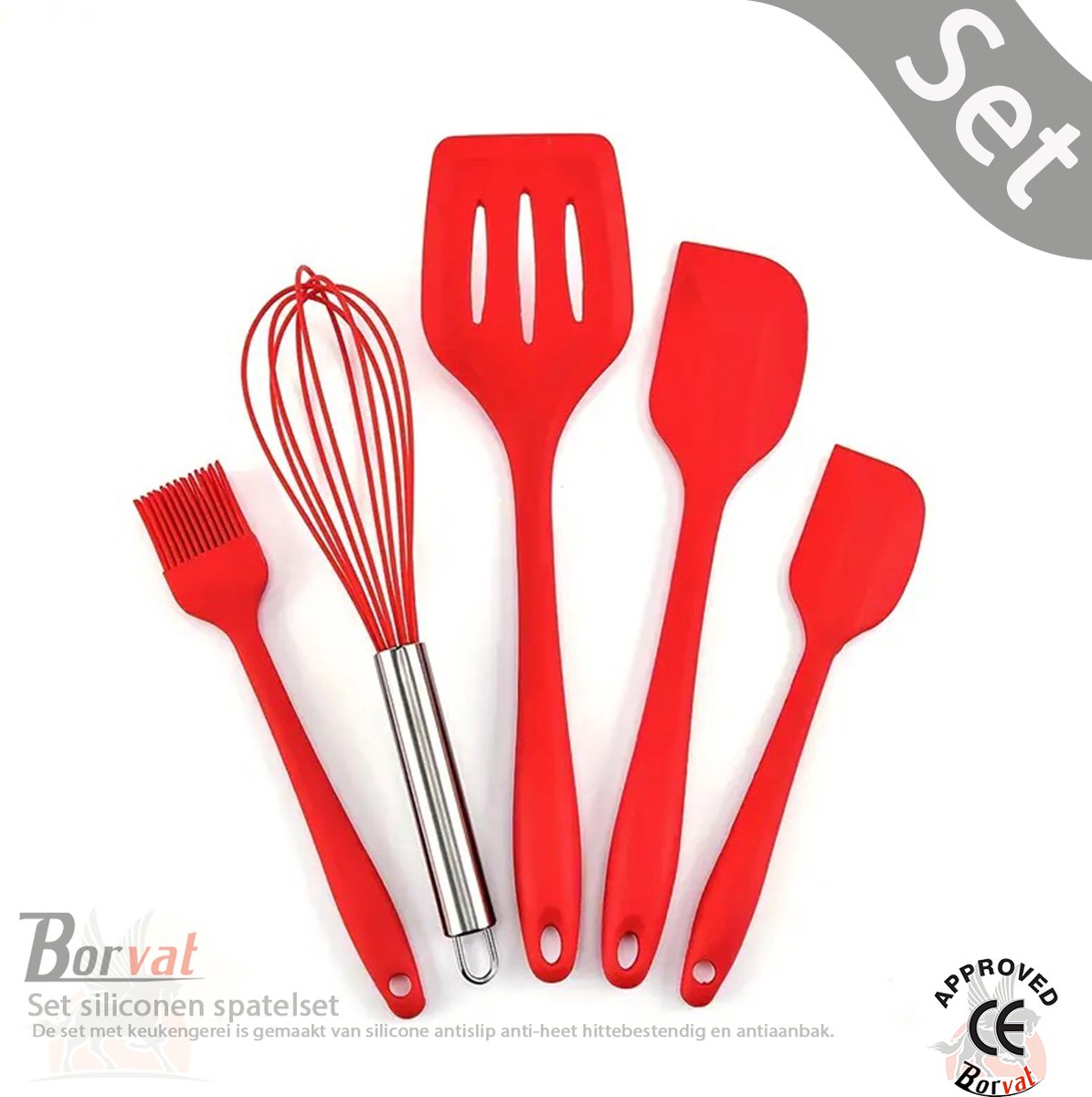 Borvat® - Set siliconen spatelset - keukengerei - bedruip kwast - lijmkwast voor deeg - eiklopper - spatel met sleuven - siliconen kookspatel - niet klevend - Rood - 5 Stuks - Set