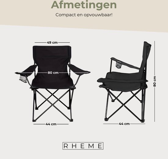 Afmetingen van de zwarte campingstoel: 49x80x44 cm.