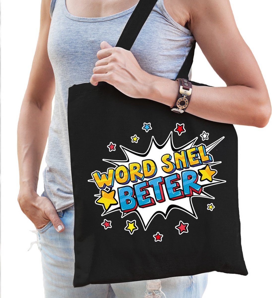 Word snel beter katoenen beterschap cadeau tas zwart voor dames - kado / tasje / shopper