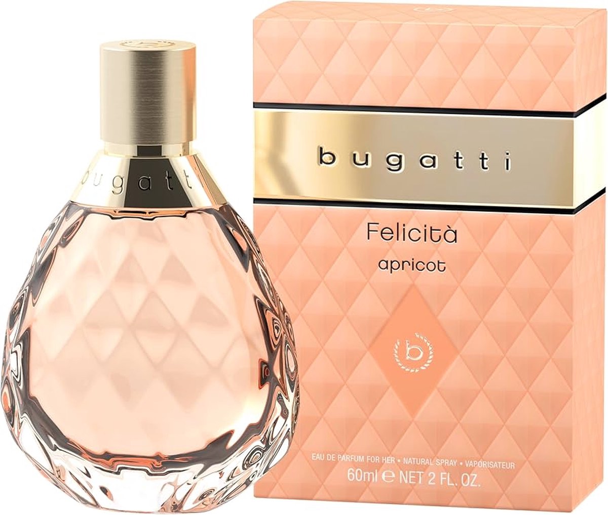 Goedkoopste bugatti Felicità Apricot EdP Parfum voor dames, 60 ml, bloemen-fruitig damesparfum in glazen fles, zomernuances van abrikoos, lychee, hibiscus, vanille en muskus, vrouwelijke eau de parfum voor dames