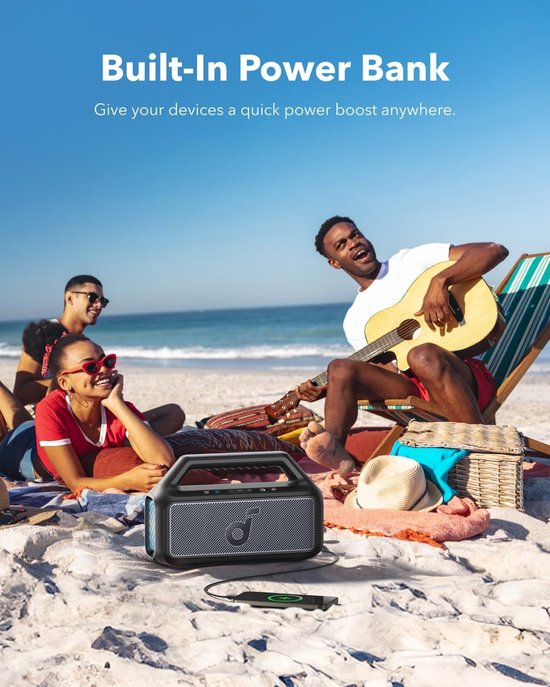 soundcore Boom 2 Outdoor Speaker by Anker - 80W - Subwoofer - BassUp 2.0 - 24H Playtime - IPX7 Waterproof - Floatable - RGB Lights - USB-C - Custom EQ - Bluetooth 5.3 - Geschikt voor buitengebruik: Camping, Strand en Achtertuin - Zwart — afbeelding 4