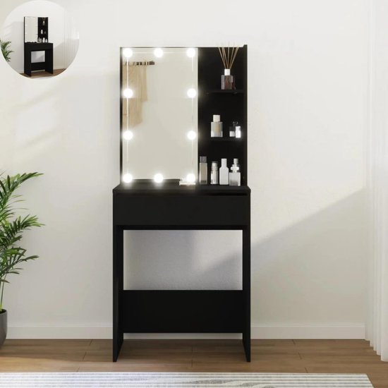 LBB Coiffeuse avec miroir et éclairage - Table de maquillage - Maquillage - Coiffeuse - Avec tiroirs - 60x40x140 cm - Zwart