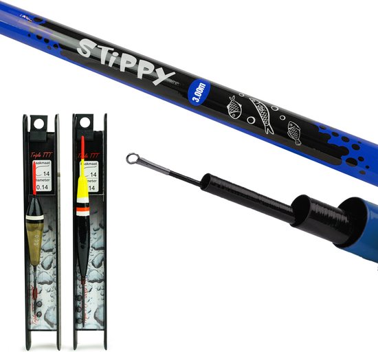 Blauwe hengel met 'Stippy' en vismotief, naast twee vistuigjes met vissersdobbers.