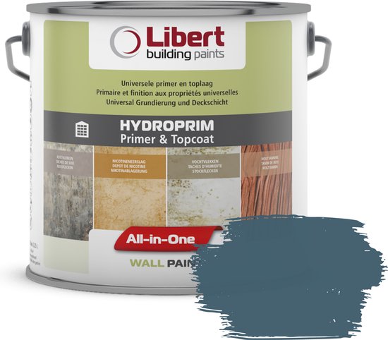 Libert Hydroprim Primer & Topcoat emmer in de kleur PE078 Pearl of Tahiti. Lichtgroene en grijze verpakking met productinformatie en een blauwgrijze verfveeg.