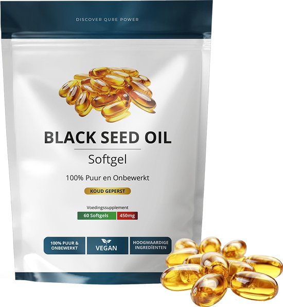 Verpakking met 'BLACK SEED OIL Softgel', 60 softgels, 450mg, koud geperst, vegan.