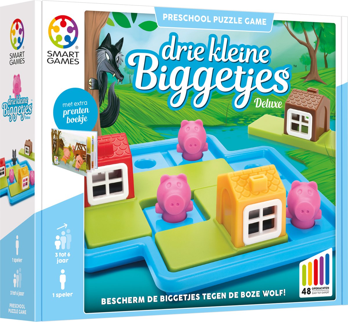 SmartGames - Drie Kleine Biggetjes Deluxe - 48 opdrachten - Denkspel voor kleuters vanaf 3 jaar - met extra sprookjesboek