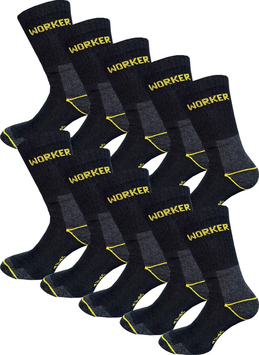 10 Paar Werksokken - Katoen - Maat 43/45 - Zwart - Anti-Slip - Sokken Heren - Sokken Dames