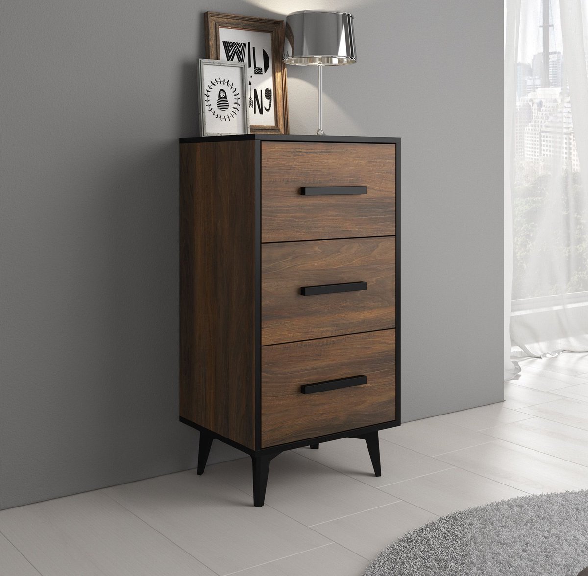 MEUBELLA Ladekast Frey - Donker eiken - Zwart - 47 cm Bruin|Zwart