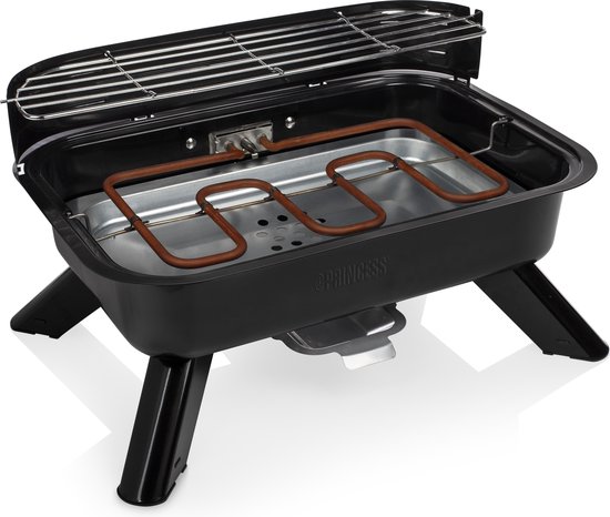 Princess 112252 Hybride Barbecue – 2000W – Elektrisch of Houtskool BBQ – Compact Tafelmodel – Ideaal voor Balkon & Camping – 44x29 cm