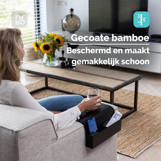 Dienblad voor bank, dienblad voor armleuning, bankdienblad van bamboe, flexibele bekerhouder, onderzetter, bankplank (B houtkleur