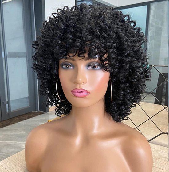Perruque Synthétique Femme Afro Courte Noire Bouclée - Avec Bonnet, Neuf Sans étiquettes