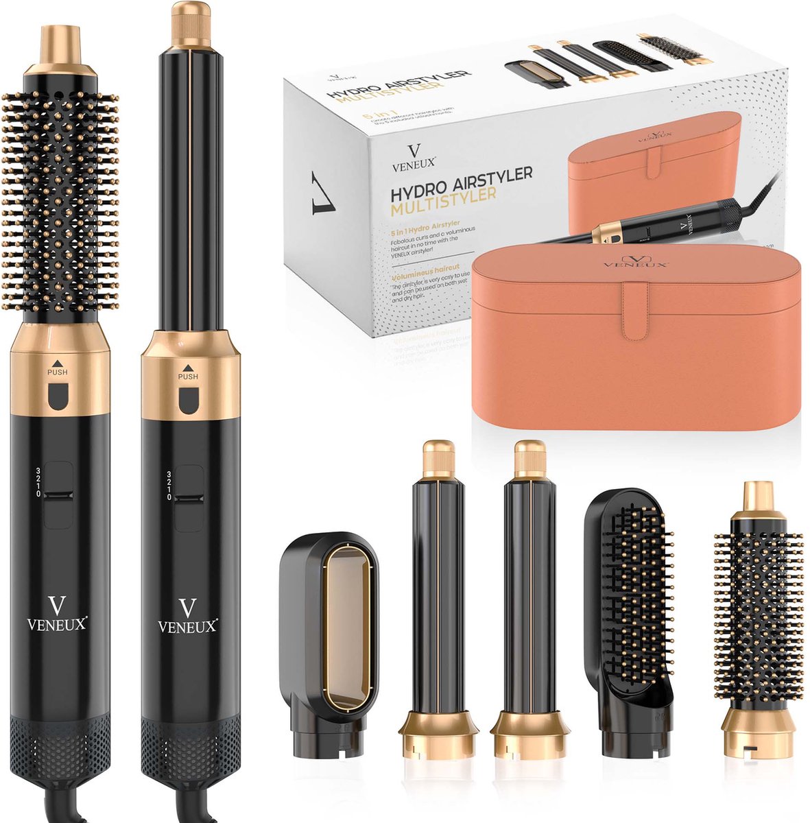 VENEUX® Föhnborstel - Airstyler - Krulborstel - Warmteborstel - 5 in 1 Multistyler - Met Opbergcase - Zwart Met Goud