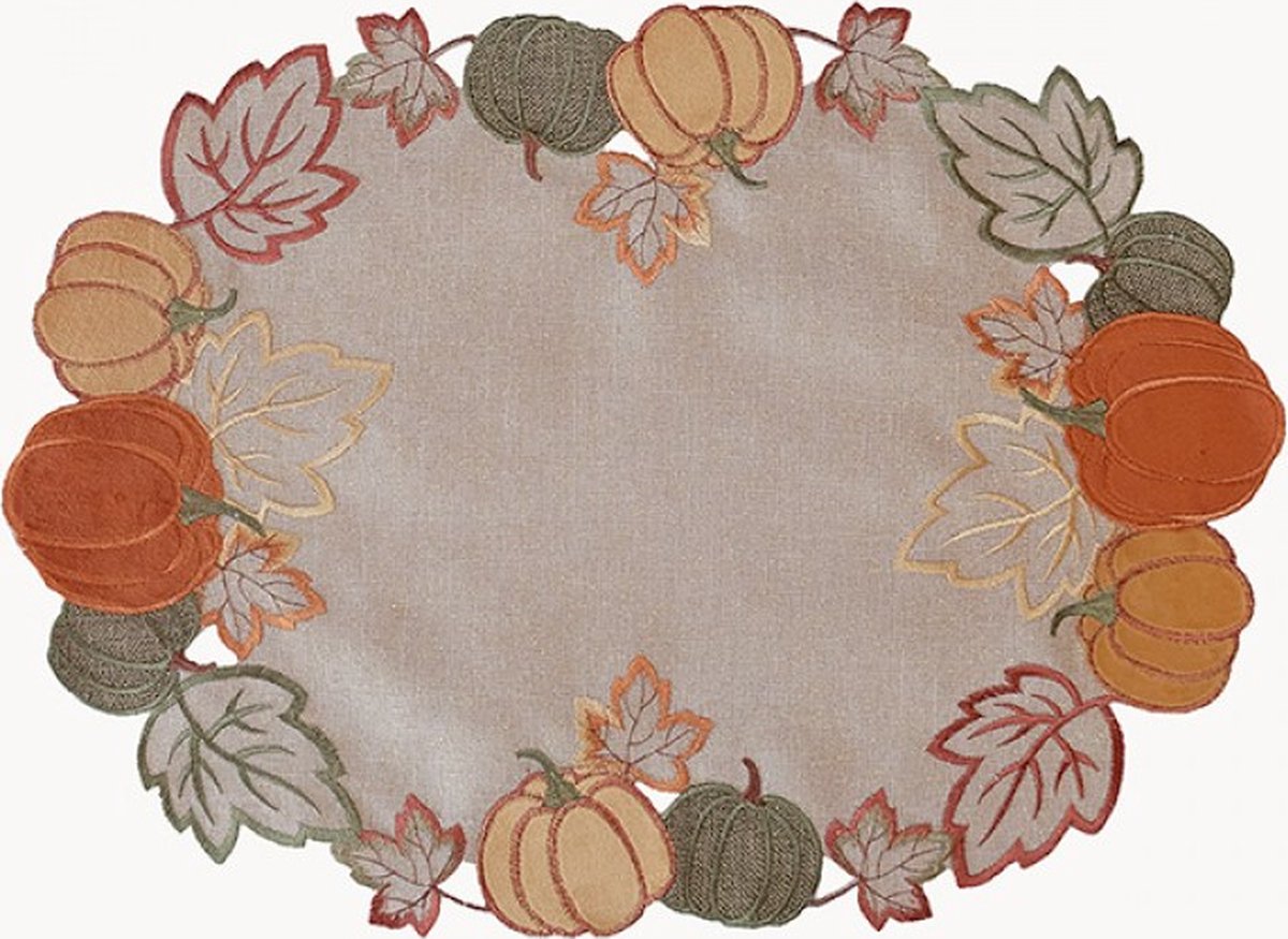Tafelloper - Herfst - Pompoenen - Ecru - Bruin - oranje - groen - bladeren - gouddraad - 35 x 50 cm