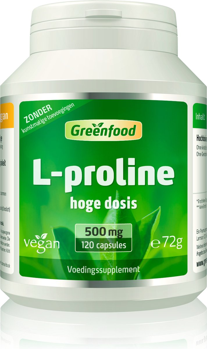 Goedkoopste Greenfood L-proline, 500 mg, hooggedoseerd, veganistisch, 120 capsules - belangrijk aminozuur. Zonder kunstmatige toevoegingen. Zonder genetische manipulatie. Vegi capsules.