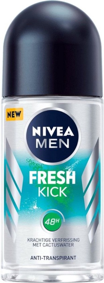 Goedkoopste NIVEA MEN Fresh Kick Anti-Transpirant Roll-On Deodorant - 48 uur bescherming - Met cactuswater - Alcoholvrij - 3 x 50 ml - Voordeelverpakking