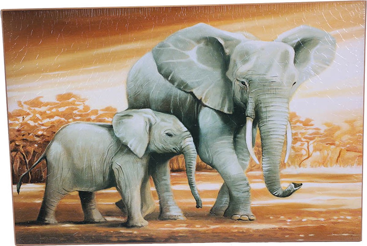 Olifant + kalfje schilderij 43 cm x 57 cm