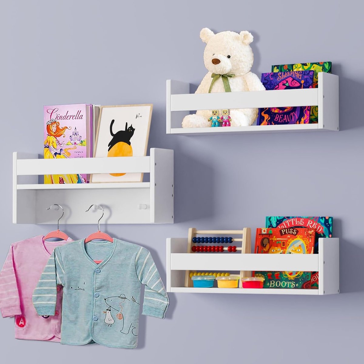 Mazjoaru Wandrek, hout, voor kinderkamer, boekenkast, 58 cm, set van 3, zwevende rekken, kinderrek, hout met houten kralendesign, voor organizer, keuken, kruidenrek, wanddecoratie, opbergrek voor