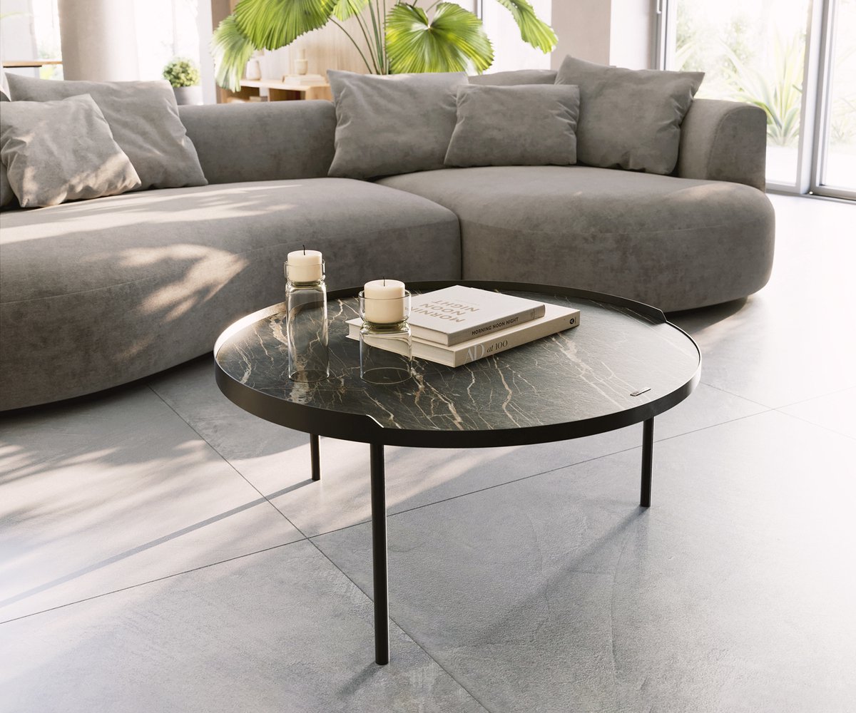 Salontafel Torell Keramiek Laminam®Noir Desir bruin 80x80 cm Metalen onderstel Effectafwerking Titanium