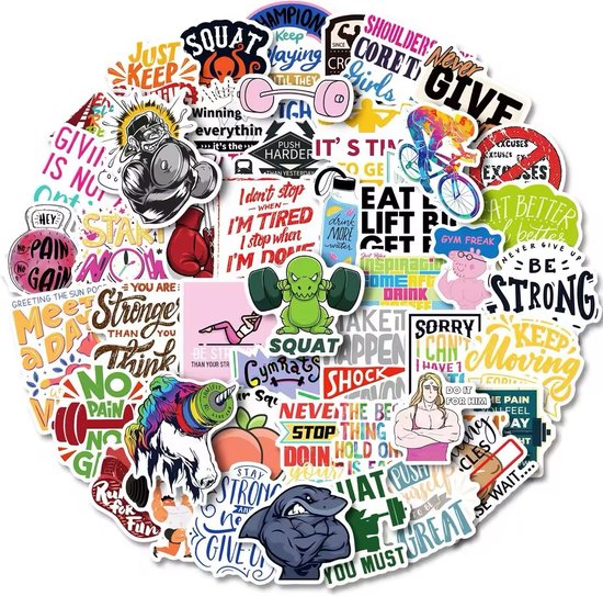 Fitness & Quotes Stickers – Set van 50 Stuks – Gym – Gewichten – Teksten – Stickers voor Laptop, Koffer, Bullet Journal en Planner – Stickers Kinderen en Volwassenen – Decoratieve Stickers – Creatief – Knutselen – Scrapbook