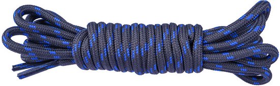 Een opgerold paar ronde schoenveters met blauwe en zwarte patronen.