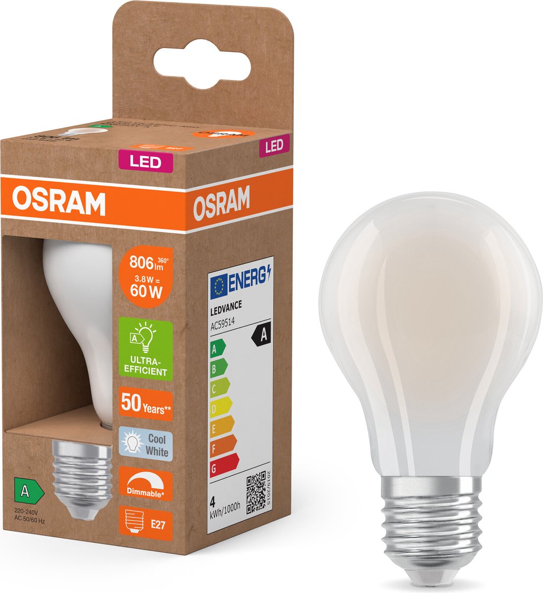 Osram Energy Class LED-Lampe in klassischer Kolbenform 3.8 W 806 lm EEK A kaltweißes Licht (4000 K) CRI 80 aus gefrostetem bleifreiem Glas E27 Sockel IP20 60 mm Durchmesser dimmbar