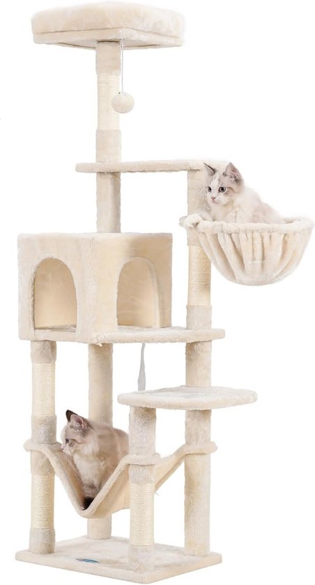 Krabpaal met groot platform - pluche - beige - Worldly Home