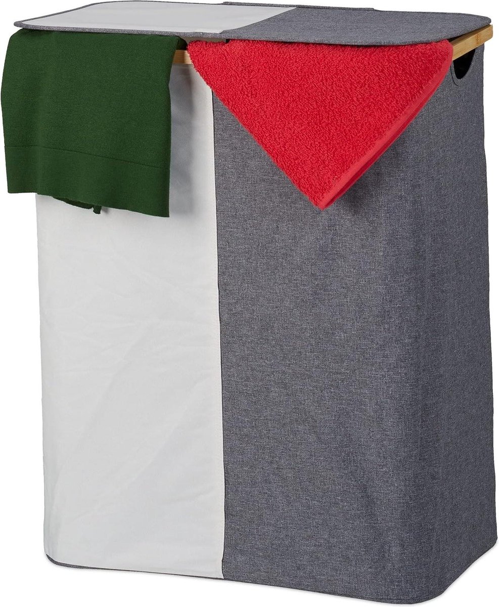 Goedkoopste Wassorteerder grote capaciteit - Dubbele wasmand met deksel 110 l - 2 vakken - Bamboe - Polyester - Draagbaar - Grijs-wit Wassorteerder