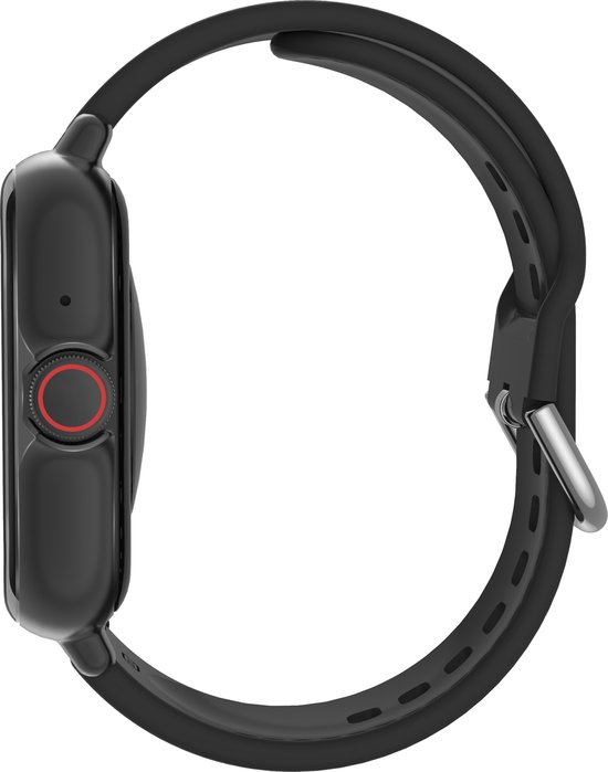 Zijaanzicht van een zwarte smartwatch met een rode knop aan de zijkant en een siliconen band.