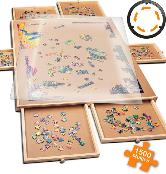 Foto: Draaibaar puzzelbord met opbergsysteem 6 lades incl bescherm cover 1500 puzzelstukjes houten puzzeltafel puzzelplank puzzelmap portapuzzle puzzelplaat puzzelmat