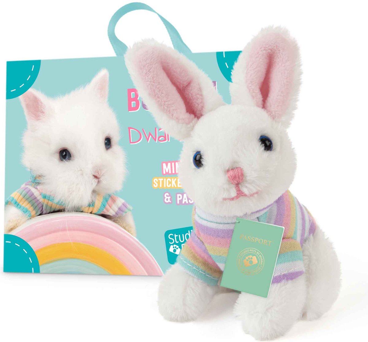 Studio Pets® Mini Knuffel Konijn BunBun (8 cm) met Koffer, Paspoort & Stickerboek