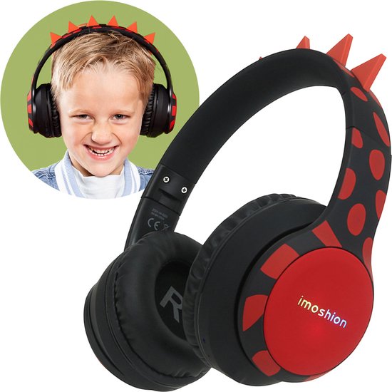 Foto: Imoshion kids dino bluetooth headphones kinder koptelefoon met decibelbegrenzer draadloze koptelefoon aux kabel black red