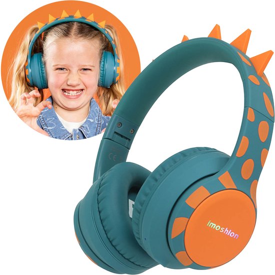 Foto: Imoshion kids dino bluetooth headphones kinder koptelefoon met decibelbegrenzer draadloze koptelefoon aux kabel petrol orange